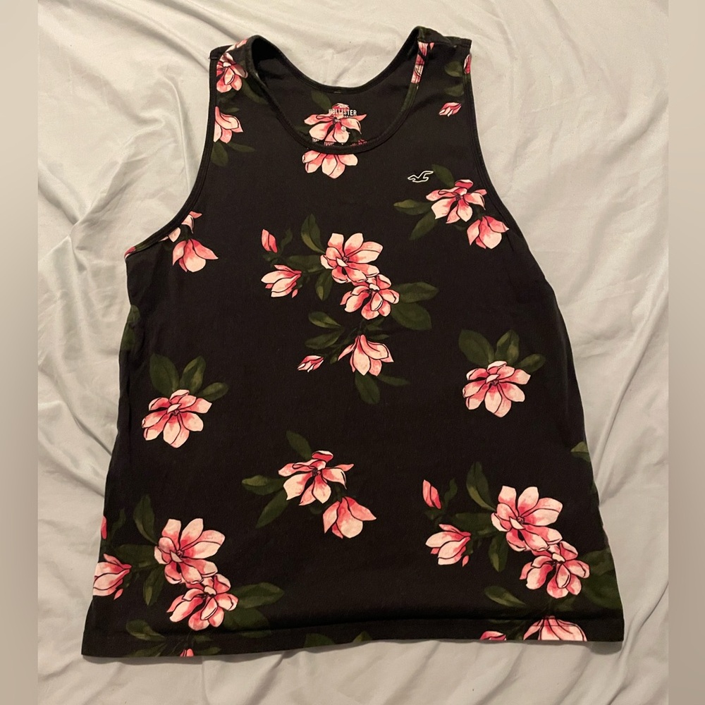 Hollister Black and Pink Floral Sleeveless Tank Top